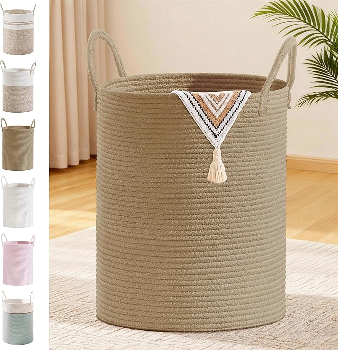 Tall Laundry Basket with Handles, 88L Portable Dirty Clothes Hamper, Boho Cotton Rope Storage Bin for Blankets Kids Toys Gifts, Large Organizer for Baby Nursery Bedroom Bathroom, Jute