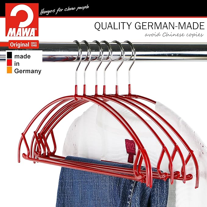 Mawa by Reston Lloyd Euro Ultra Light/Thin Series, Non-Slip Space Saving Clothes Hanger with Bar & Hook for Pants and Skirts, Style 42/PTU, Set of 10, Red