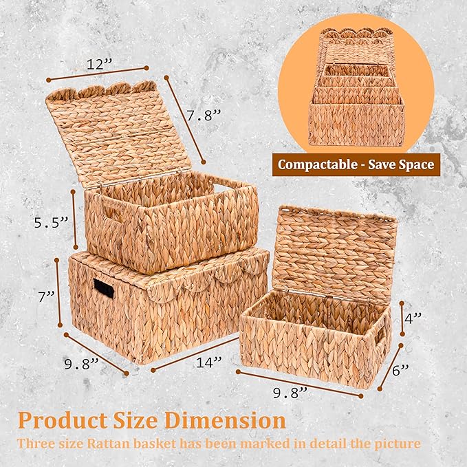 Set of 3 Scalloped Edge Wicker Basket with Lid, Rectangle Wicker Storage Basket with Built-in Handles, Multipurpose Organizer Rattan Display Boxes for Shelf, Nursery Room