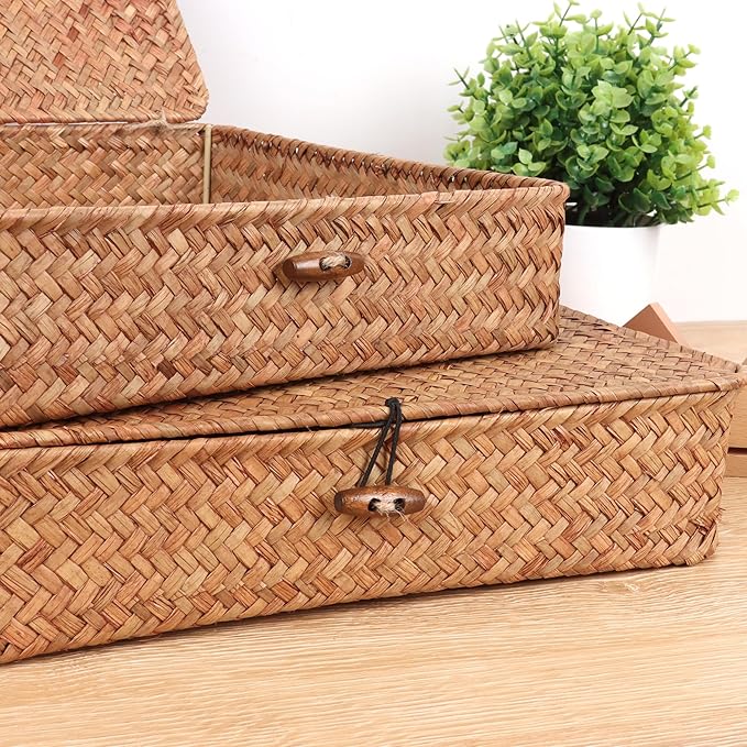 Flat Wicker Shelf Baskets with Lid, Handwoven Seagrass Basket Boxes for Storage Baskets Bins Home Decor Organizer (Coffee Set of 2)
