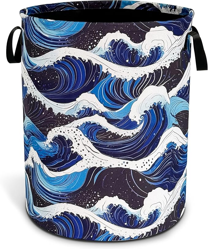 Ocean Wave Laundry Basket Sea Waves Foldable Oxford Cloth Funny Tote Bag Laundry Hamper Clothes Storage Bucket Toy Organizer For Bathroom/Laundry Storage/Bedroom 18.9x16.5 Inch