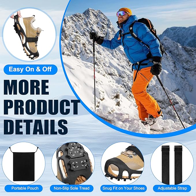 Ice Cleats, Crampons Ice Cleats for Shoes and Boots Men Women Kids,Non Slip 28 Steel Shoe Spikes for Snow and Ice Traction Snow Cleats Grippers for Winter Walking Hiking Fishing