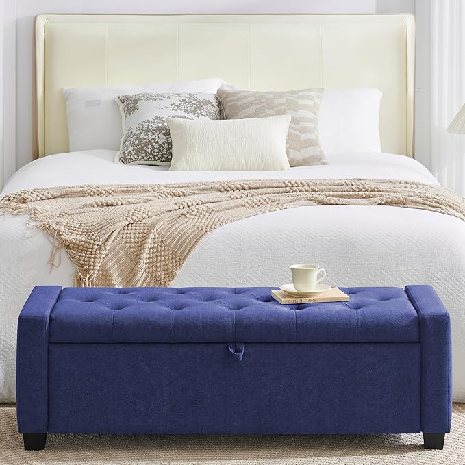 48" Ottoman with Storage, Storage Ottoman Bench with Safety Hinge, Upholstered Entryway Bench with Seating for Bedroom, Living Room, Holds up to 330 lb, Blue