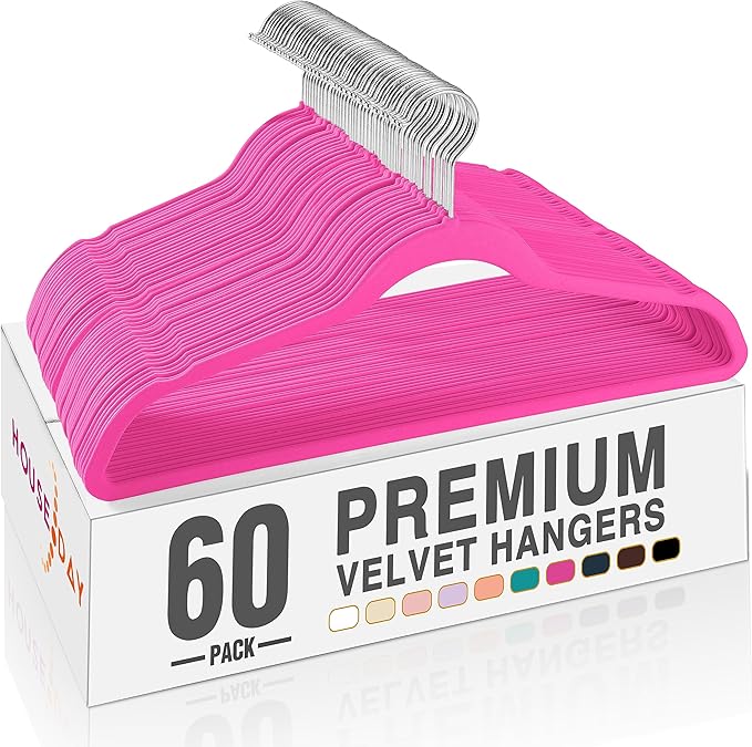 HOUSE DAY Rosy Red Velvet Hangers 60 Pack, Non Slip Clothes Felt Hanger Heavy Duty for Coat, Premium Slim Space Saving Suit Hangers for Closet Organizer, 360° Rotating Silver Hook