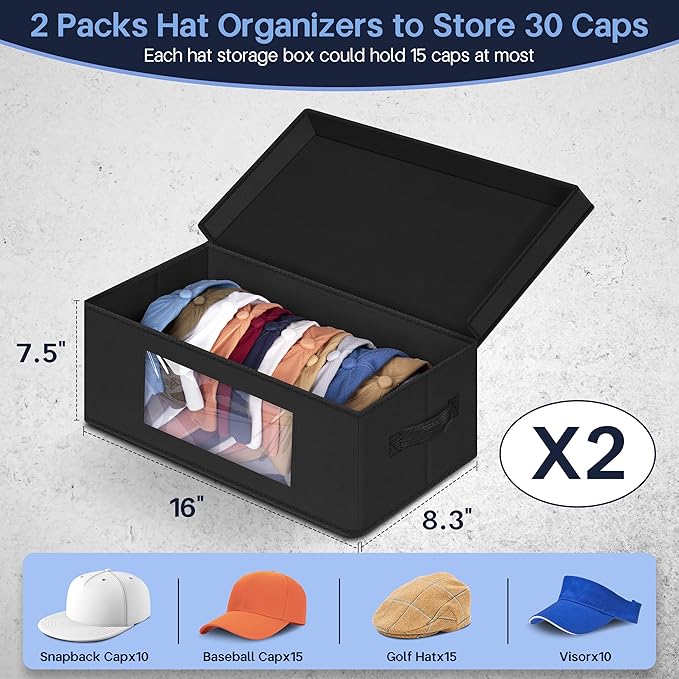 SLEEPING LAMB Stackable Hat Organzier for Baseball Caps, 2 PCS Hat Storage Boxes for Closet Hold 30 Caps with Cardboard, Black