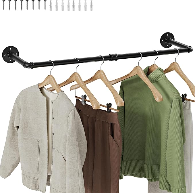 Wall Mounted Clothes Rack, Industrial Pipe Clothing Rack 40 Inch Black, Wall Clothes Hanger for Bedroom, Cloakroom, Closet, Hallway, Boutique Display, Drying Racks Wall-Mount for Laundry