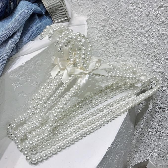QTMY 10 Pack White Pearl Bow Clothes Hanger for Bride Wedding Dress,Shirt Bra Clothing Hangers (10 Pack)