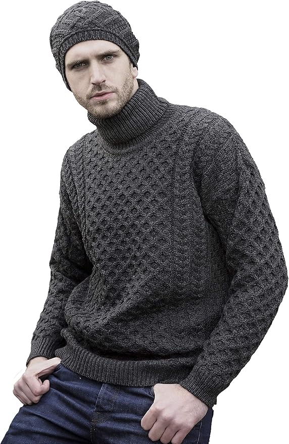 Aran Crafts Unisex Irish Cable Knitted Soft Roll Neck Sweater (100% Merino Wool)