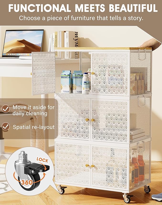 3 Tier Metal Storage Cabinet with wheels, Storage Bins with Magnetic Doors, Storage Cart for Living Room, Bedroom, Bathroom, Kitchen