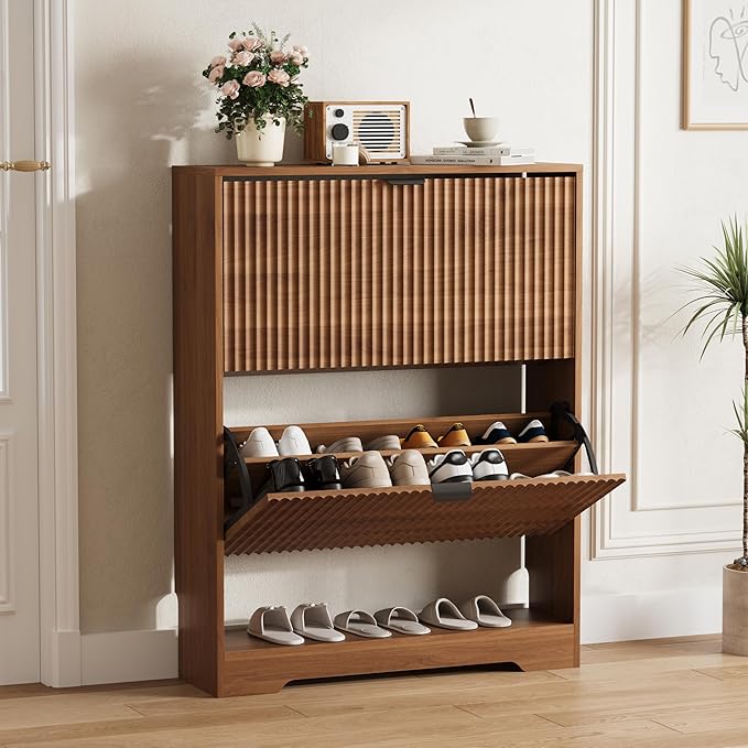 Shoe Cabinet Storage for Entryway with 2 Flip Drawers, Walnut Fluted Shoe Cabinet with Open Storage, Wooden Hidden Shoe Rack Freestanding Narrow Slim Shoes Organizer for Hallway, Entrance