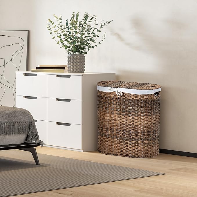 Seville Classics Premium Handwoven Portable Laundry Bin Basket with Carrying Handles, Household Storage for Clothes, Linens, Sheets, Mocha Brown, Oval Hamper