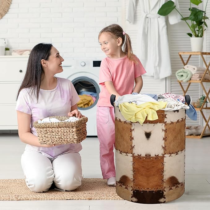 Cows Print Laundry Basket, Collapsible Waterproof Oxford Cloth Laundry Hamper, Vintage Round Kids Toys Storage Basket as Room Decor, Farmhouse Dirty Clothes Hamper for Bedroom Bathroom Dorm (Brown)