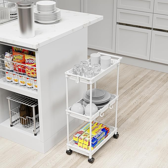 SimpleHouseware Standard 3-Tier Slim Rolling Storage Cart, White