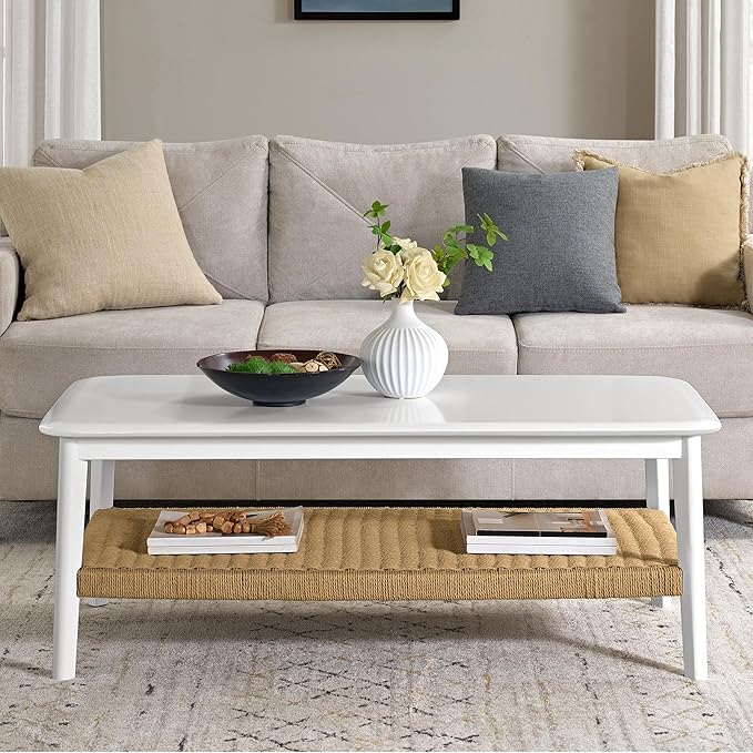Alaterre Furniture Calais Modern Coffee Table for Living Room - 48 Inch 2-Tier Wooden Rectangular Living Room Table with Woven Storage Shelf - Mid Century Modern Furniture (White)