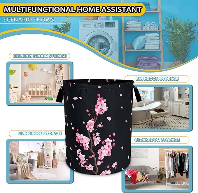 Pink Cherry Blossoms Laundry Basket Flowers Foldable Oxford Cloth Funny Tote Bag Laundry Hamper Clothes Storage Bucket Toy Organizer For Bathroom/Laundry Storage/Bedroom 18.9x16.5 Inch