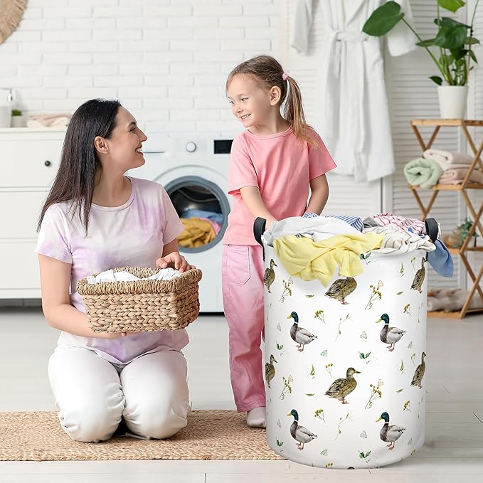 Mallard Duck Laundry Basket, Collapsible Waterproof Oxford Cloth Laundry Hamper, Funny Round Kids Toys Storage Basket as Room Decor, Cute Duck Dirty Clothes Hamper for Bedroom Bathroom Dorm (Brown)