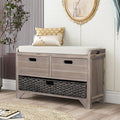 SOFTSEA Storage Bench for Entryway, Upholstered Storage Ottoman with Removable Basket and 2 Drawers, Farmhouse Shoe Bench with Seat Cushion for Entryway, Living Room, Full Assembled, White Wash