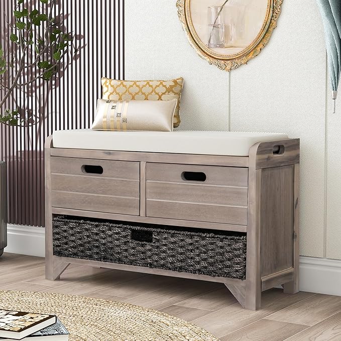 SOFTSEA Storage Bench for Entryway, Upholstered Storage Ottoman with Removable Basket and 2 Drawers, Farmhouse Shoe Bench with Seat Cushion for Entryway, Living Room, Full Assembled, White Wash