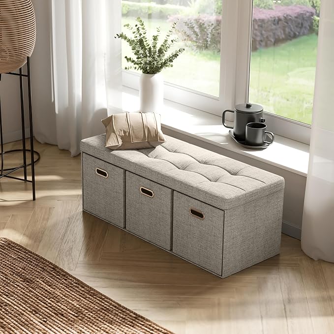 Ornavo Home Storage Ottoman with 3 Drawers, 40 Inches Long Foldable Tufted Linen Large Bench Ottoman with Storage, Foot Rest Stool Seat, for Living Room, Bedroom, Entryway, Beige