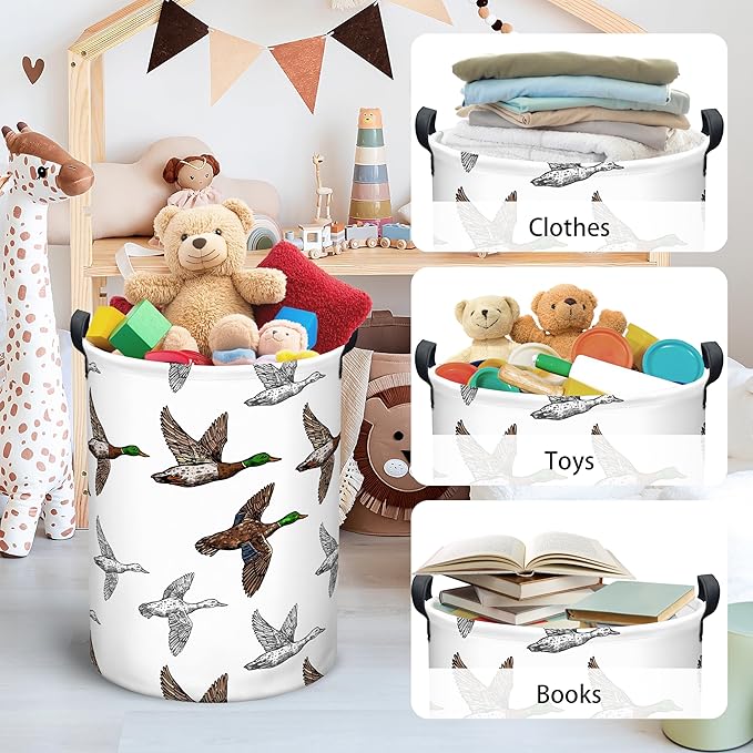 Mallard Duck Laundry Basket, Collapsible Waterproof Oxford Cloth Laundry Hamper, Funny Round Kids Toys Storage Basket as Room Decor, Cute Duck Dirty Clothes Hamper for Bedroom Bathroom (Brown)