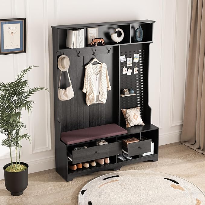 All-in-One Design Hall Tree with Removable Linen Cushioned, Entryway Bench, Coat Rack, Storage Shelves, DIY Pegboard, 4 Hooks, Multi-Purpose Hall Tree for Hallways Living Room