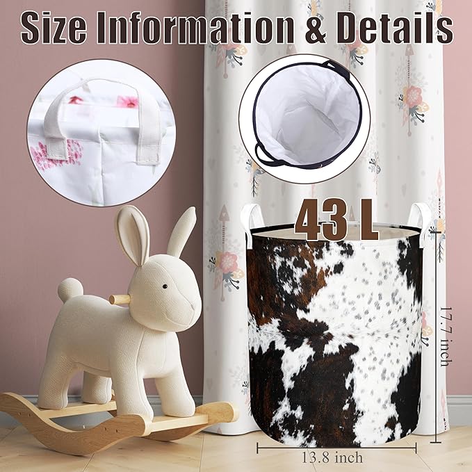Highland Cow Laundry Basket with Lining Cowskin Printed Boys Girls Laundry Hamper for Clothes Storage Toys Bin Brown and White Cow Home Decor (Bull, 43L)