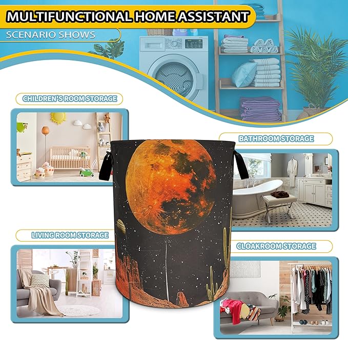 Full Moon Laundry Basket Desert Cactus Foldable Oxford Cloth Funny Tote Bag Laundry Hamper Clothes Storage Bucket Toy Organizer For Bathroom/Laundry Storage/Bedroom 18.9x16.5 Inch