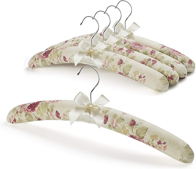 GLCON 16 inches Satin Padded Hangers for Sweaters - Thick Padded Clothes Hangers for Women Clothing - Foam Fabric Coat Hangers No Bump Fancy Canvas Covers for Adult Wedding Bridesmaid (Pack of 5)
