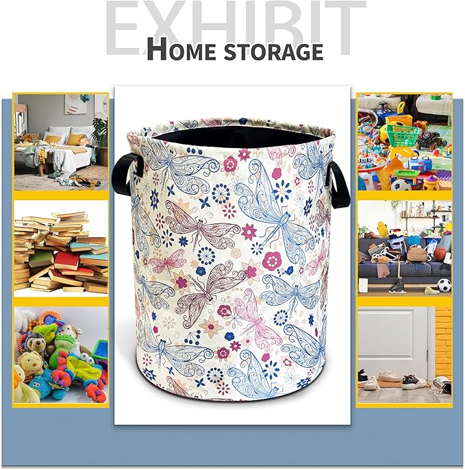 Dragonfly Laundry Basket Flowers Foldable Oxford Cloth Funny Tote Bag Laundry Hamper Clothes Storage Bucket Toy Organizer For Bathroom/Laundry Storage/Bedroom 18.9x16.5 Inch