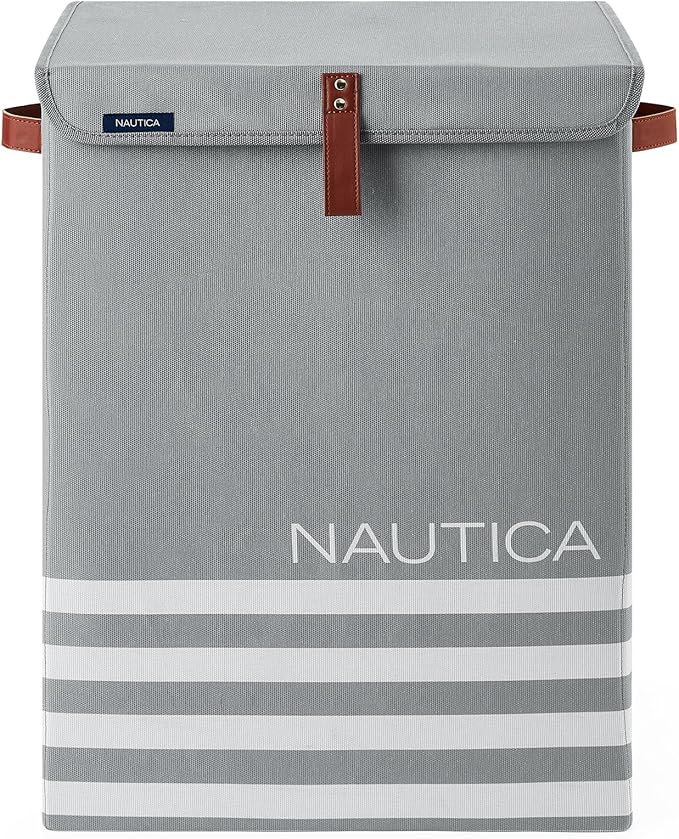 Nautica - Laundry Basket, Foldable Hamper & Storage Bin with Lid, Closet Organizers, Home Essentials (Grey Stripe)