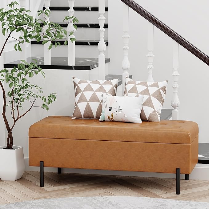 Andeworld Storage Bench, Faux Leather Modern Bedroom Bench, Upholstered Tufted Large Settee Ottoman with Storage Bench for Bedroom,Living Room,Entryway,Brown