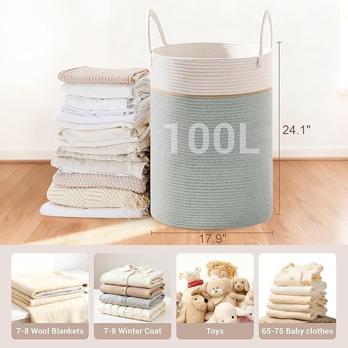 Tall Laundry Basket with Handles, 100L Portable Dirty Clothes Hamper, Boho Cotton Rope Storage Bin for Blankets Kids Toys Gifts, Extra Large Organizer for Nursery Bedroom Bathroom, Sage Green
