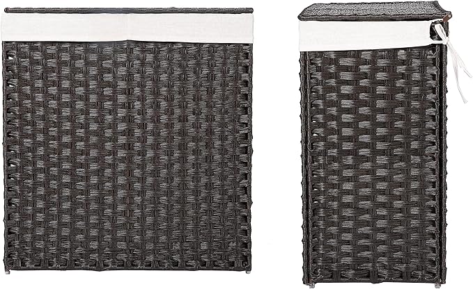 BIRDROCK HOME Divided Laundry Hamper with Lid - Brown - Double Sorter with Liner Bags - Large Collapsible Hampers - Foldable Bin - Synthetic PE Rattan - Hand Woven - Clothes Basket