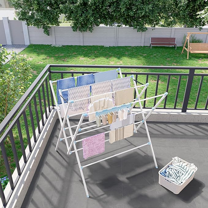 HOMIDEC Drying Rack Clothing,Large 12 Drying Poles with Sock Clips Clothes Drying Rack,Foldable Portable Laundry Drying Rack for Air Drying Clothing,Towels,Delicate Eac,Indoor Outdoor Use.White&Blue