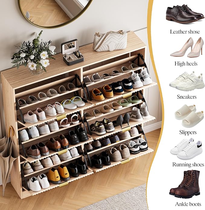 Shoe Cabinet Storage for Entryway with 6 Flip Drawers, Oak Fluted Shoe Cabinet with Adjustable Shelves, Wooden Hidden Shoe Rack Freestanding Narrow Slim Shoes Storage for Hallway, Entrance