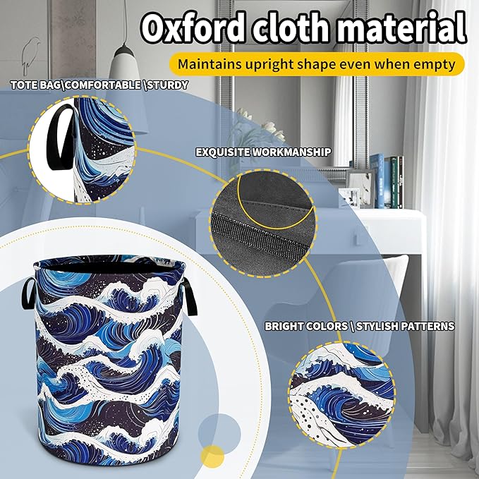 Ocean Wave Laundry Basket Sea Waves Foldable Oxford Cloth Funny Tote Bag Laundry Hamper Clothes Storage Bucket Toy Organizer For Bathroom/Laundry Storage/Bedroom 18.9x16.5 Inch