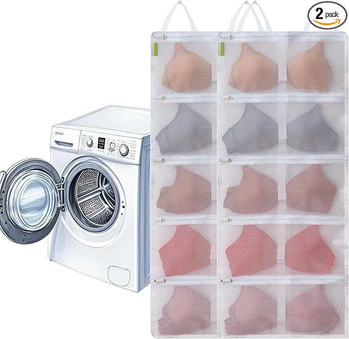 Laundry Bra Bag, 2 Pcs Bra Washing Bags, Lingerie Bags for Washing Delicates, Holds 10 D-F Cups Sizes, Underwear Brassiere Washing Bag with Zipper for Laundry Storage