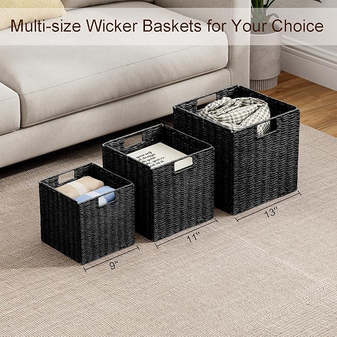 Vagusicc Storage Basket, Set of 2 Hand-Woven Storage Baskets for Organizing with Handles, Foldable Cube Storage Baskets Bins Organizer, 13 inch Large Wicker Baskets for Shelves & Decor, Black
