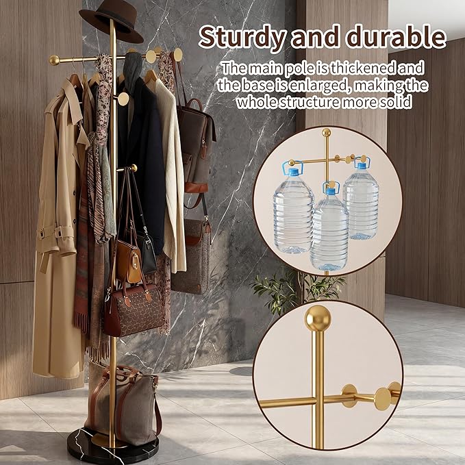 68.9 Inch Tall modern Coat Rack,Gold coat tree freestanding heavy duty,Heavy-Duty Metal Coat Rack Stand with Sturdy Marble Base for Entryway,Hallway,Bedroom,Holds Coats Hats Bags Scarves