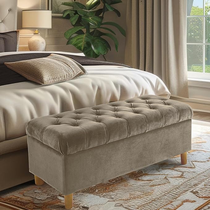 Homepop Home Decor | Tufted Ainsley Button Storage Ottoman Bench with Hinged Lid | Ottoman Bench with Storage for Living Room & Bedroom,Fawn Velvet