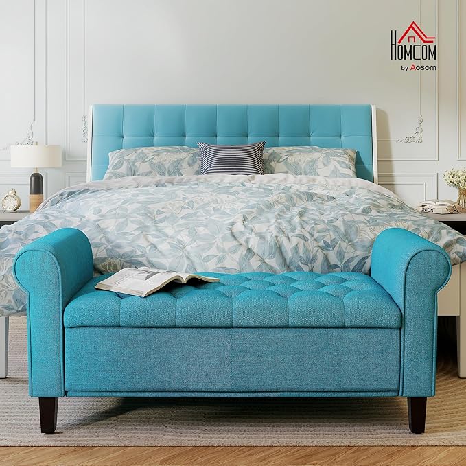 HOMCOM 50" Storage Ottoman Bench, Upholstered End of Bed Bench with Rolled Arms, Wood Legs, Button Tufted Storage Bench with Safety Hinges for Living Room, Entryway, Bedroom, Teal