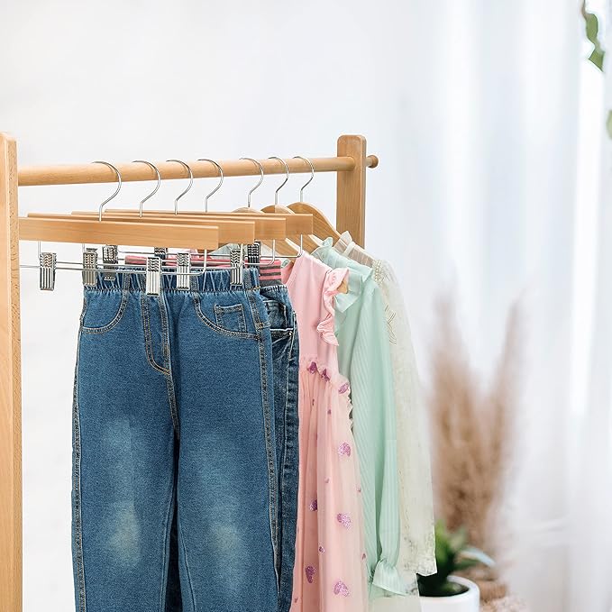 Nature Smile 11.8'' Kids Baby Toddler Children Solid Wooden Pants Hangers, Trousers Bottom Hangers with 2-Adjustable Clips Anti-Rust Hook Pack of 10 (Natural)