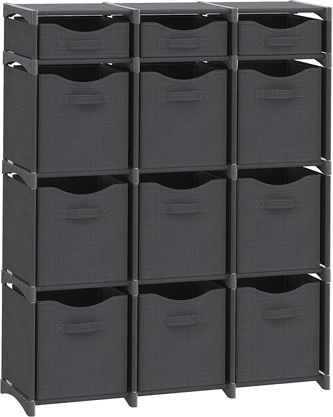 12 Cube Storage Organizer With Bins Included - Closet Storage With 12 Storage Bins - Easy To Assemble Storage Unit With Drawers - Closet Organization For Clothes, Bedroom, Nursery, & Toys (Dark Grey)