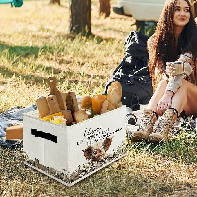 Rustic Pig Storage Bins & Boxes with Handles, Farmhouse Pig Foldable Basket for Organizing, Live Like Someone Left the Gate Open Collapsible Storage Basket for Bedroom Bathroom Clothes Toys