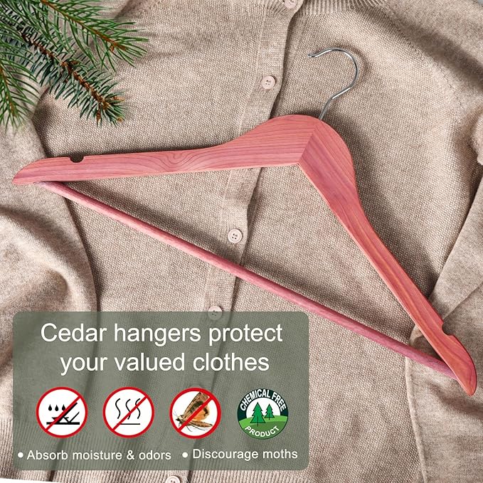 TOPIA HANGER American Red Cedar Wooden Hangers, Clothes Hangers for Closet, Wood Coat Hanger with Smooth Cut Notches, 360°Flexible Hook, Non-Slip Pants Bar,10 Pack-CT07C