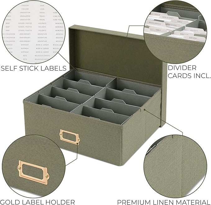 ZICOTO Decorative Photo Storage Box - Sturdy Linen Photo Organizer with Dividers is Perfect to Store Up to 1700 Pictures and 4x6 Photos - Portable Scrapbook Storage Containers with Lid