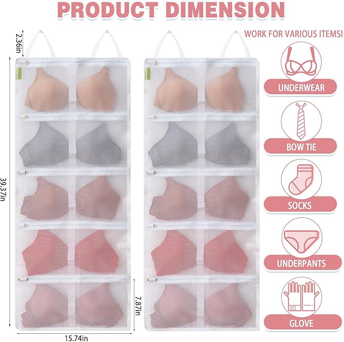 2-Pack Bra Washing Bags, Lingerie Laundry Protector for Delicates, Holds 10 A-C Cup Bras, Zippered Mesh Underwear Wash Bags for Machine, Travel Storage