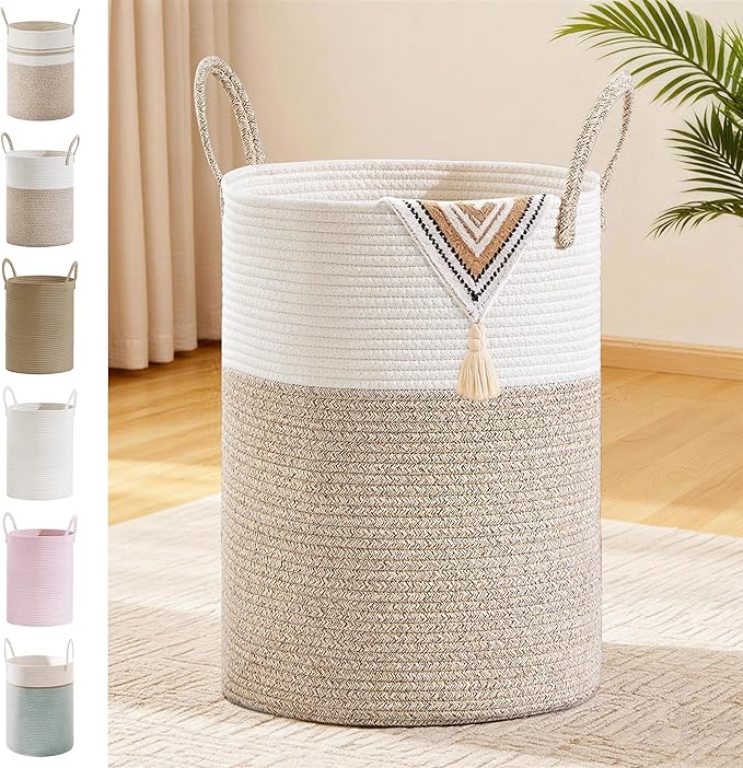 Tall Laundry Basket with Handles, 72L Portable Dirty Clothes Hamper, Boho Cotton Rope Storage Bin for Blankets Kids Toys Gifts, Large Organizer for Baby Nursery Bedroom Bathroom, Brown
