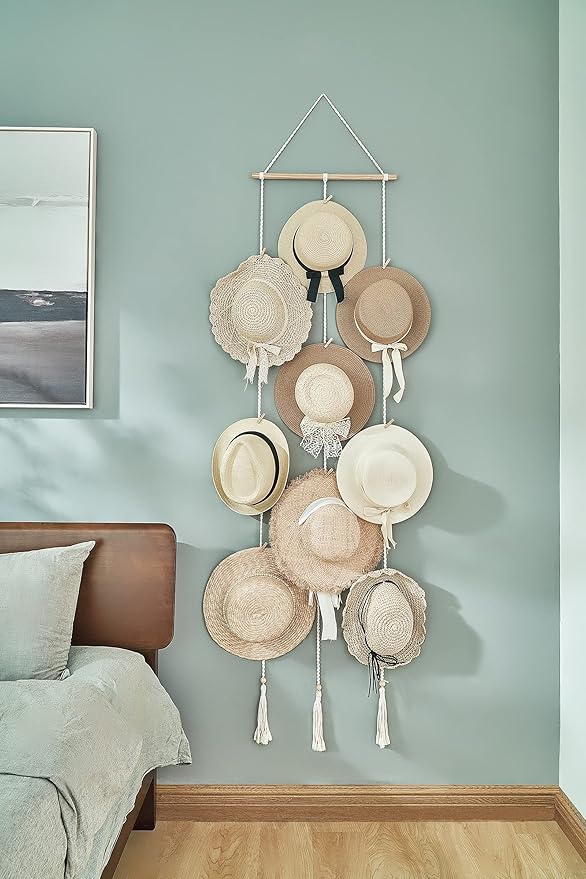 Mkono Hat Rack Hat Hangers for Wall Boho Caps Storage Display Organizer with Decorative Tassels Modern Cowboy Womens Hat Display Holder for Wide Brim Fedora Bowler Baseball Caps, Medium