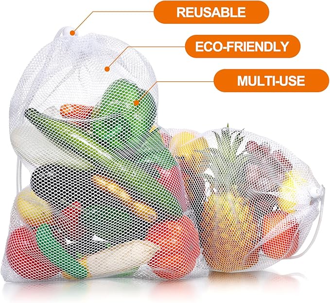 TecUnite 10 Pcs Mesh Laundry Bags with Drawstring Multicolor Mesh Sack Bag Nylon Gift Dishwasher Bag with Sliding for Storage Clothes Socks Jewelry Gifts Toys Fruit(11.8 x 7.5 Inch,White)
